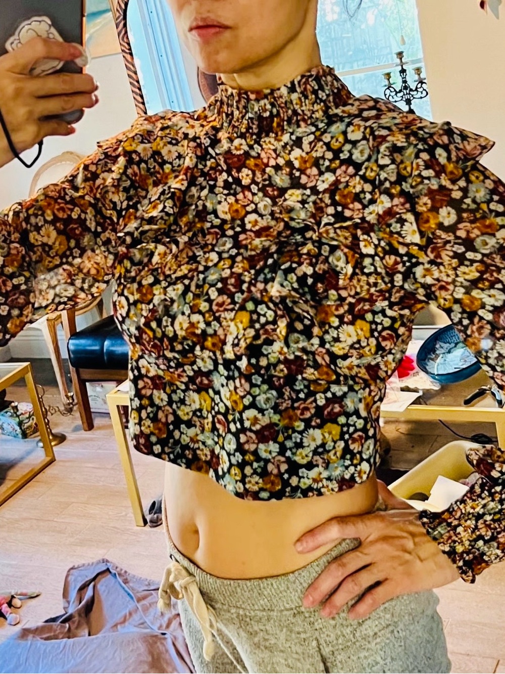 Zara Black Floral Smocked Ruffle Crop Top